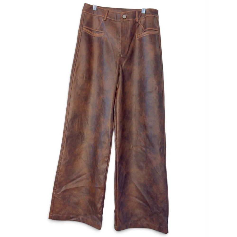 Anewsta Brown Distressed Faux Leather Wide Leg Pants Y2K Moto Western Size M